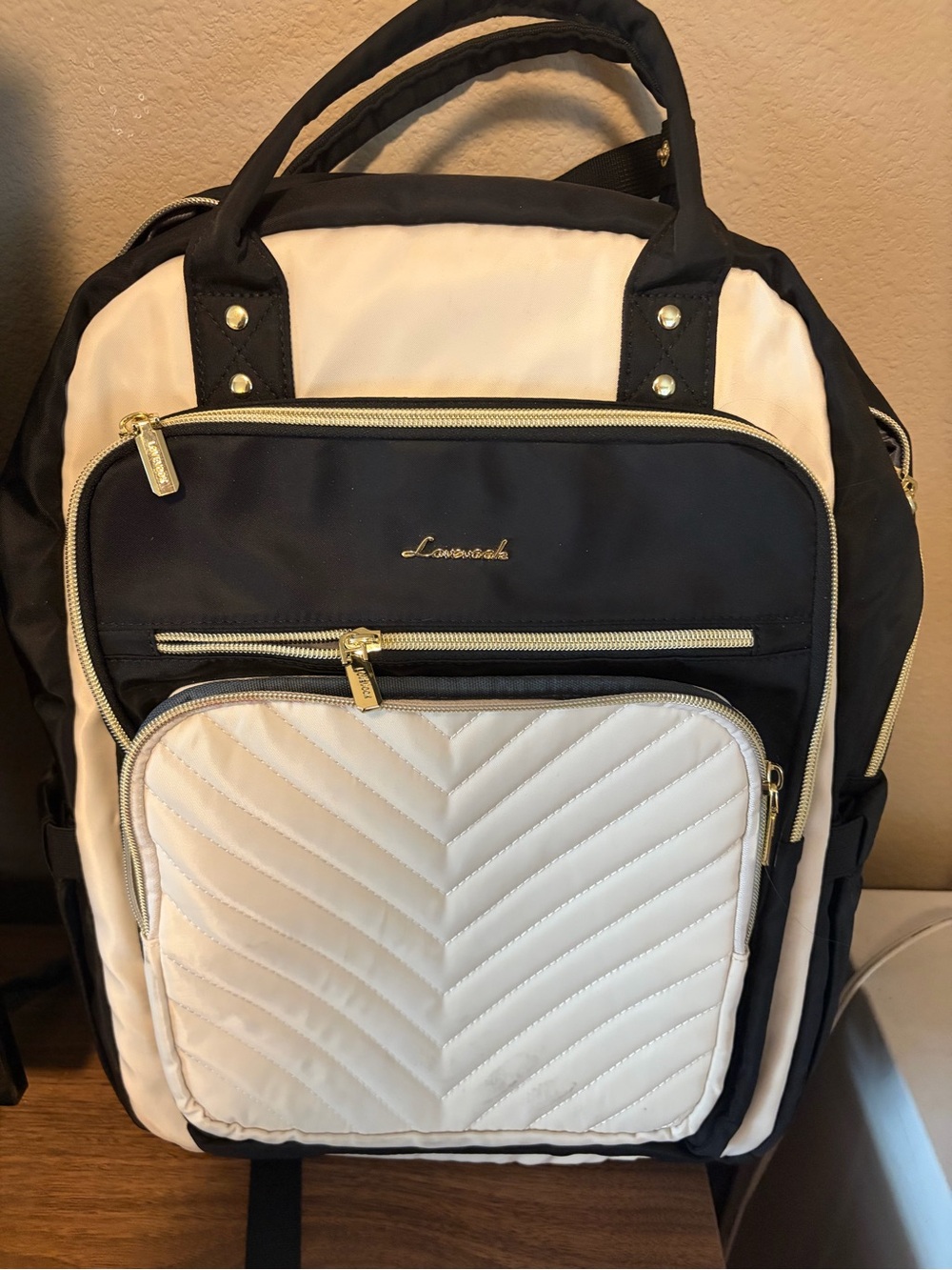 Love Vook Two-Tone Black and Cream Quilted Front Women’s travel Backpack